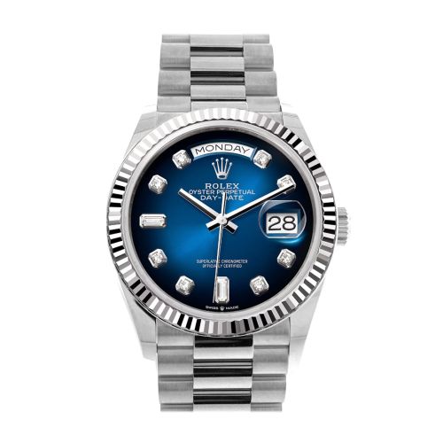 Rolex Day-Date 36 Blue ombré Diamond Dial Fluted Bezel White gold President Watch 128239