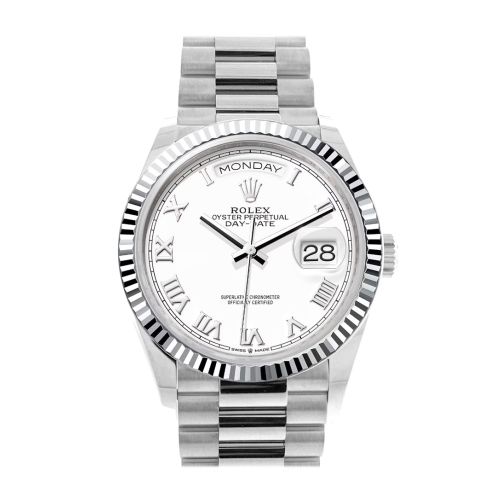 Rolex Day-Date 36 White Dial Fluted Bezel Platinum President Watch 128236