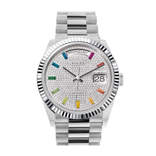 Rolex Day-Date 36 Diamond Paved Dial Fluted Bezel Platinum President Watch 128236