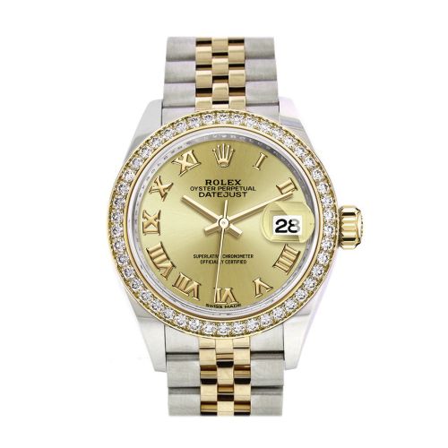 Rolex Datejust 28 Champagne Roman Dial Diamond Bezel Yellow Gold Jubilee Ladies Watch 279383RBR 279383