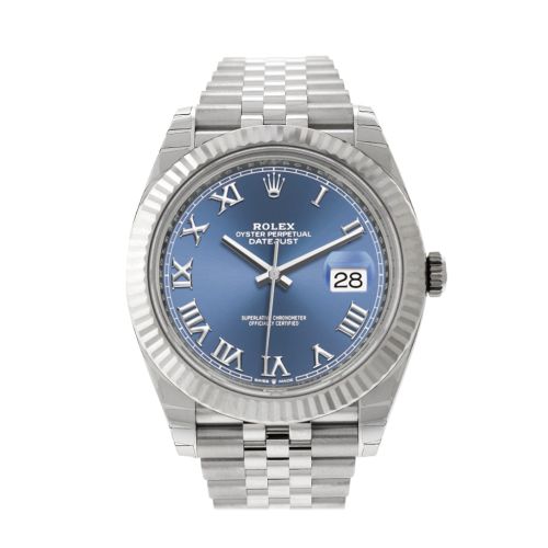 Rolex Datejust 41 Blue Roman Dial White Gold Fluted Bezel Jubilee Mens Watch 126334