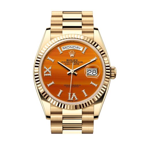 Rolex Day-Date 36 Carnelian Dial Gold Fluted Bezel Yellow Gold Watch 128238