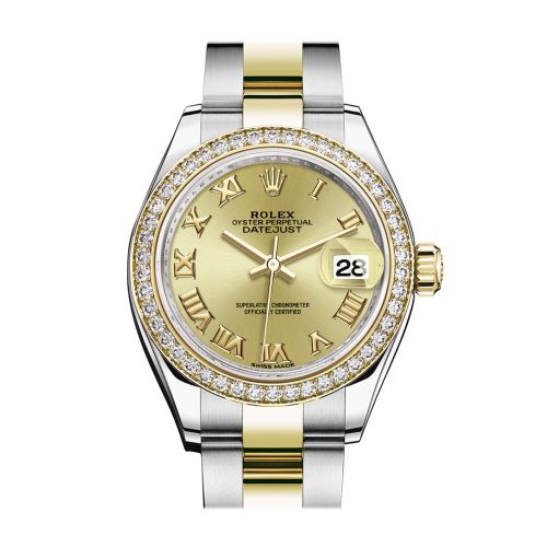 Rolex Datejust 28 Champagne Roman Dial Diamond Bezel Yellow Gold Ladies Watch 279383RBR 279383