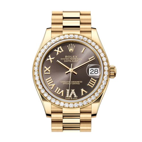 Rolex Datejust 31 Dark Grey Roman Diamond Dial Diamond Bezel Yellow Gold Ladies Watch 278288RBR 278288RBR-0026