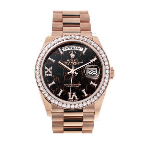 Rolex Day-Date 36 Eisenkiesel Dial Diamond Bezel 18K Everose Gold President Watch 128345RBR