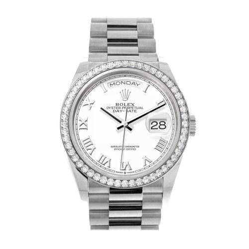 Rolex Day-Date 36 White Dial Diamond Bezel White Gold President Watch 128349RBR