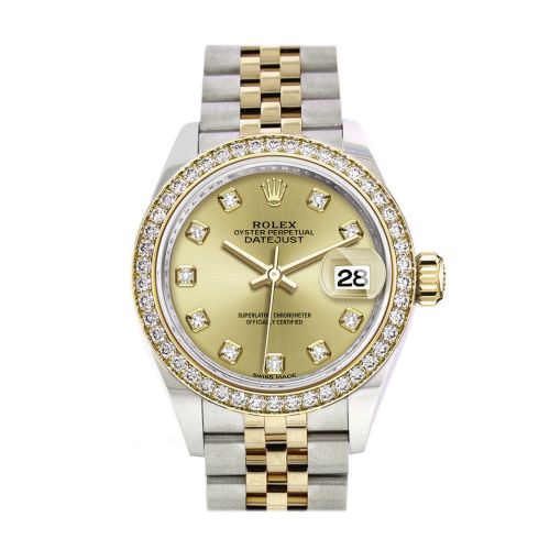 Rolex Datejust 28 Champagne set with diamonds Dial Diamond Bezel Yellow Gold Jubilee Ladies Watch 279383RBR 279383