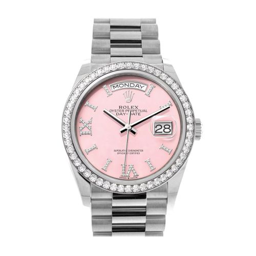 Rolex Day-Date 36 Pink Opal Diamond Dial Diamond Bezel White Gold President Watch 128349RBR