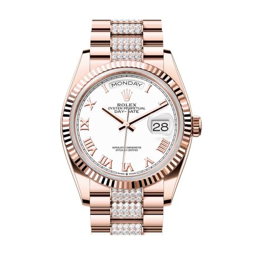 Rolex Day-Date 36 White Dial Fluted Bezel 18K Everose gold Diamond President Watch 128235