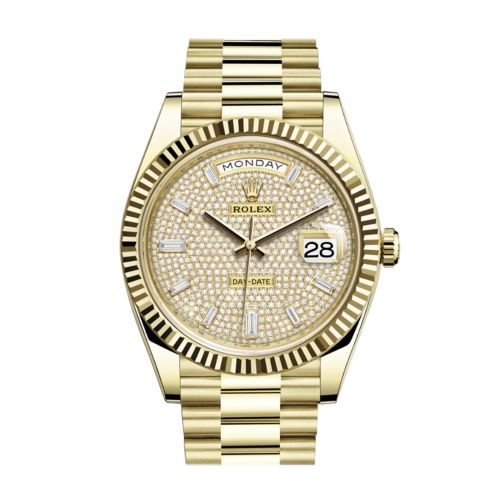 Rolex Day-Date 40 Diamond Paved 10 Baguette Diamond Dial 18K Yellow Gold President Men's Watch 228238