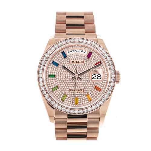 Rolex Day-Date 36 Everose Diamond Bezel  Diamond Paved Rainbow Sapphire Dial President Bracelet Watch 128345RBR