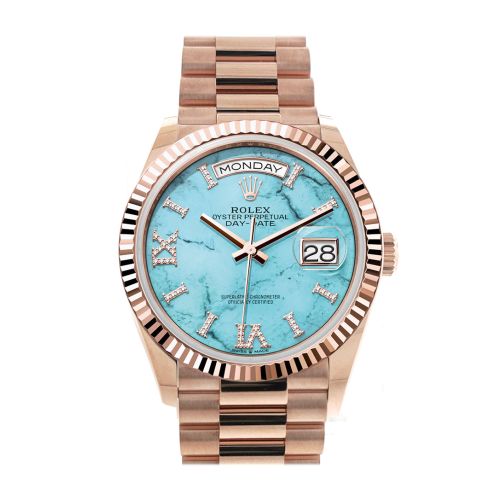 Rolex Day-Date 36 Turquoise Diamond Dial Fluted Bezel 18K Everose gold President Watch 128235