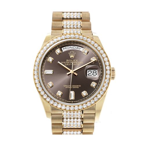 Rolex Day-Date 36 Dark Grey Diamond Dial Gold Diamond Bezel Watch 128348RBR-0007 128348RBR