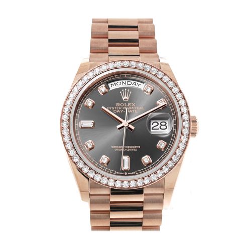 Rolex Day-Date 36 Slate Dial Diamond Bezel 18K Everose Gold President Watch 128345RBR