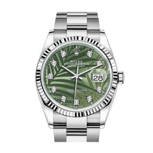 Rolex Datejust 36 Olive Green Palm Motif Diamond Dial Fluted Watch 126234