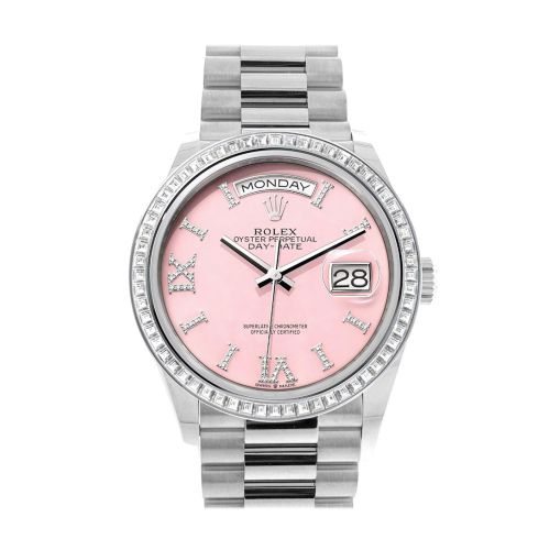 Rolex Day-Date 36 Pink Opal Dial Diamond Bezel Platinum President Watch 128396TBR