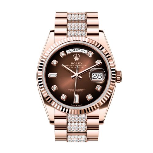 Rolex Day-Date 36 Brown ombré Diamond Dial Fluted Bezel 18K Everose gold Diamond  President Watch 128235