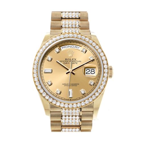 Rolex Day-Date 36 Champagne Diamond Dial Gold Diamond Bezel Watch 128348RBR-0010 128348RBR