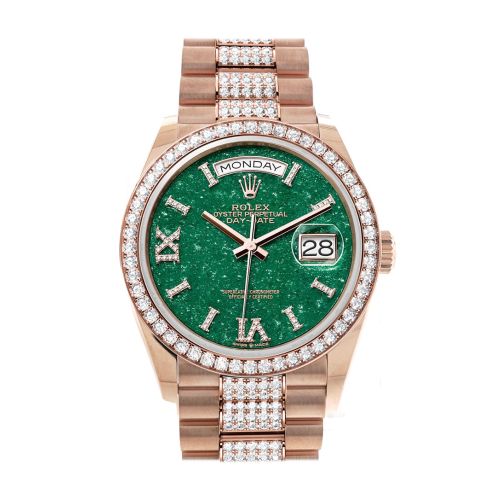 Rolex Day-Date 36 Green Aventurine Dial Diamond Bezel 18K Everose Gold Diamond President Watch 128345RBR