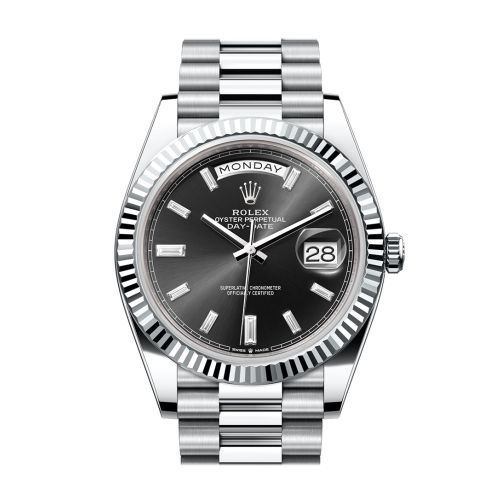 Rolex Day-Date 40 Bright Black 10 baguette-cut Diamonds Dial Fluted Bezel Platinum President Men's Watch 228236