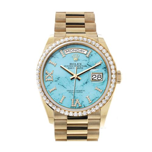 Rolex Day-Date 36 Turquoise Dial Gold Diamond Bezel Watch 128348RBR-0037 128348RBR