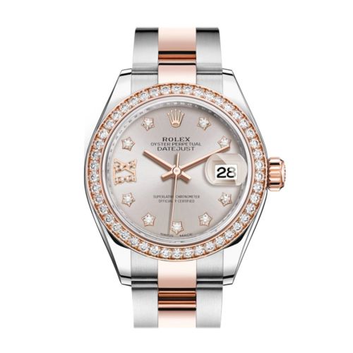 Rolex Datejust 28 Sundust Large VI Diamonds Dial Diamond Bezel Rose Gold Two Tone Watch 279381RBR 279381