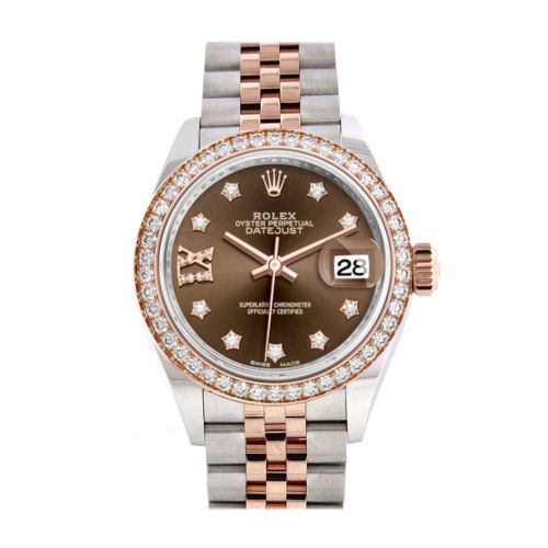 Rolex Datejust 28 Chocolate Large VI Diamonds Dial Diamond Bezel Rose Gold Two Tone Watch 279381RBR 279381