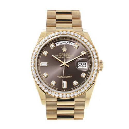 Rolex Day-Date 36 Dark Grey Dial Gold Diamond Bezel Watch 128348RBR-0005 128348RBR