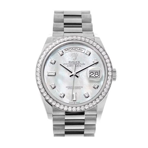 Rolex Day-Date 36 Mother of Pearl Diamond Dial Diamond Bezel White Gold President Watch 128349RBR