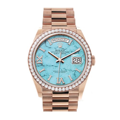 Rolex Day-Date 36 Turquoise Dial Diamond Bezel 18K Everose Gold President Watch 128345RBR