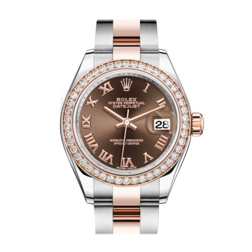 Rolex Datejust 28 Chocolate Roman Dial Diamond Bezel Rose Gold Two Tone Watch 279381RBR 279381