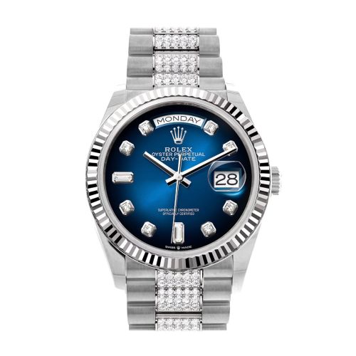 Rolex Day-Date 36 Blue ombré Diamond Dial Fluted Bezel White Gold Diamond President Watch 128239