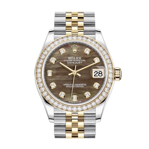 Rolex Datejust 31 Black mother-of-pearl Diamonds Dial Diamond Bezel Yellow Gold Two Tone Jubilee Watch 278383RBR 278383