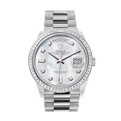 Rolex Day-Date 36 Mother of Pearl Dial Diamond Bezel Platinum President Watch 128396TBR