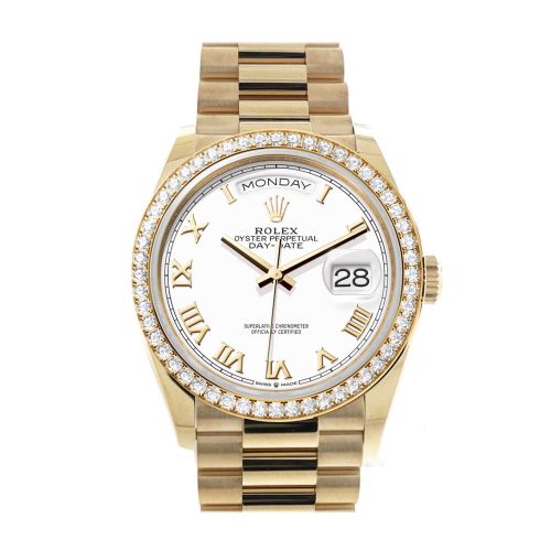 Rolex Day-Date 36 White Roman Dial Gold Diamond Bezel Watch 128348RBR-0042 128348RBR