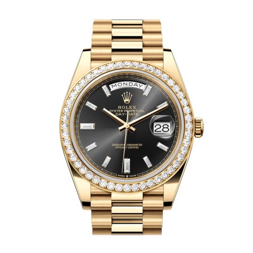 Rolex Day-Date 40 Bright Black Dial Diamonds Dial Diamond Bezel Yellow Gold President Men's Watch 228348RBR 228348