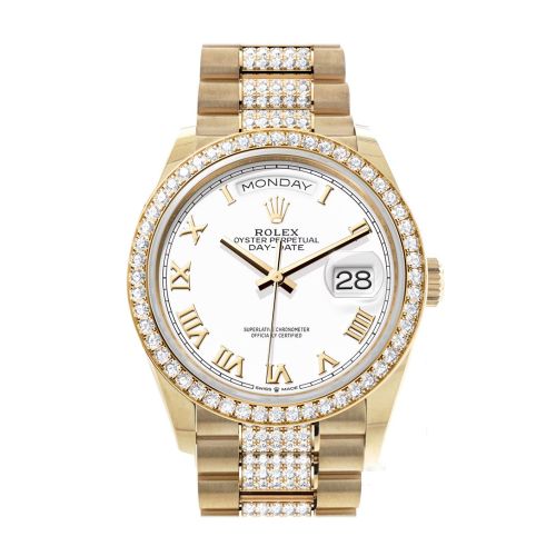 Rolex Day-Date 36 White Roman Dial Gold Diamond Bezel Watch 128348RBR-0043 128348RBR