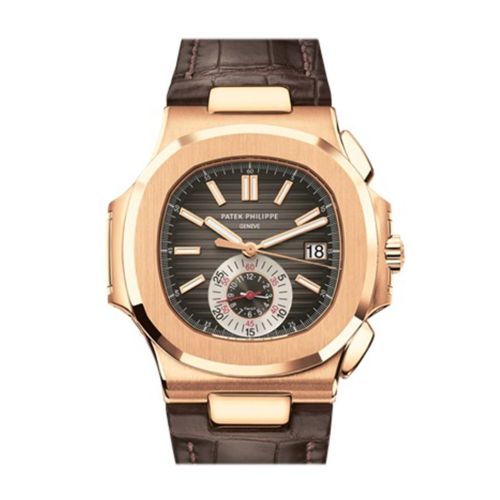 Patek Philippe Nautilus Black-Brown Dial 18kt Rose Gold Case Brown Leather Men's Watch 5980R-001