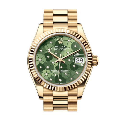 Rolex Datejust 31 Olive Green Floral Motif Diamond Dial Fluted Bezel Yellow Gold Ladies Watch 278278 278278-0046