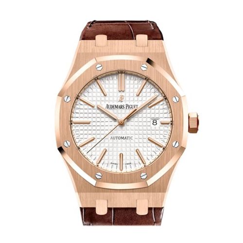 Audemars Piguet Royal Oak 41mm Silver-toned dial Pink Gold Brown Alligator Strap Watche 15400OR.OO.D002CR.01