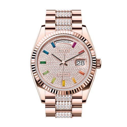 Rolex Day-Date 36 Diamond Paved Dial Fluted Bezel 18K Everose gold Diamond President Watch 128235