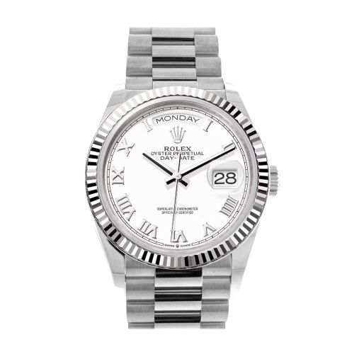 Rolex Day-Date 36 White Dial Fluted Bezel White gold President Watch 128239