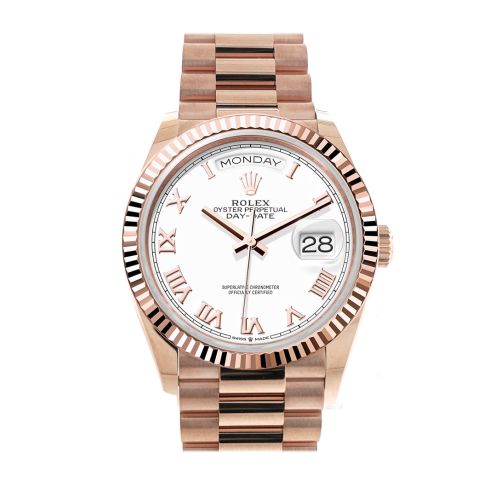 Rolex Day-Date 36 White Dial Fluted Bezel 18K Everose gold President Watch 128235