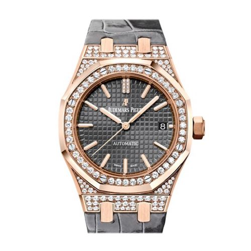 Audemars Piguet Royal Oak 37mm  Slate grey Dial Diamond 18kt Rose Gold Grey Alligator Strap Men's Watch Automatic 15452OR.ZZ.D003CR.01