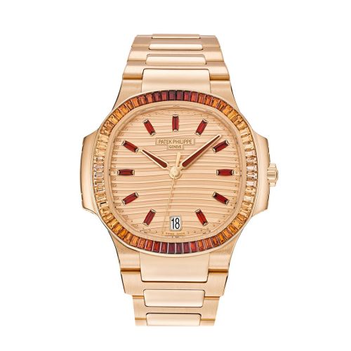 Patek Philippe Nautilus Ladies Rose Gold Baguette Cognac Bezel Watch 7118/1300R 7118/1300R-001