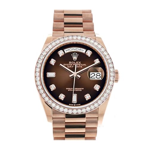 Rolex Day-Date 36 Brown ombré Diamond Dial Diamond Bezel 18K Everose Gold President Watch 128345RBR