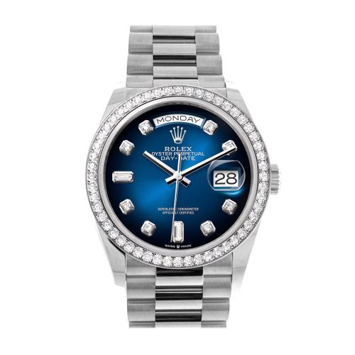 Rolex Day-Date 36 Blue ombré Diamond Dial Diamond Bezel White Gold President Watch 128349RBR