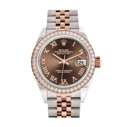 Rolex Datejust 28 Chocolate Roman Dial Diamond Bezel Rose Gold Two Tone Watch 279381RBR 279381