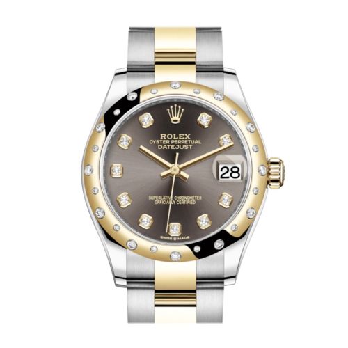 Rolex Datejust 31 Dark Grey Diamonds Dial Diamond Bezel Yellow Gold Two Tone Watch 278343RBR 278343 NP