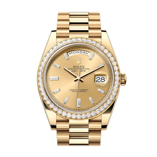 Rolex Day-Date 40 Champagne Baguette Diamonds Dial Yellow Gold President Men's Watch 228348RBR 228348